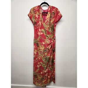 Vintage David Warren Women's Floral Maxi Faux Wrap Dress, Size 14 In Pink Multi